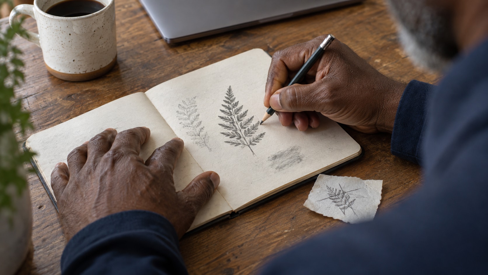 Cinematic artwork of hands sketching a logo idea in a notebook