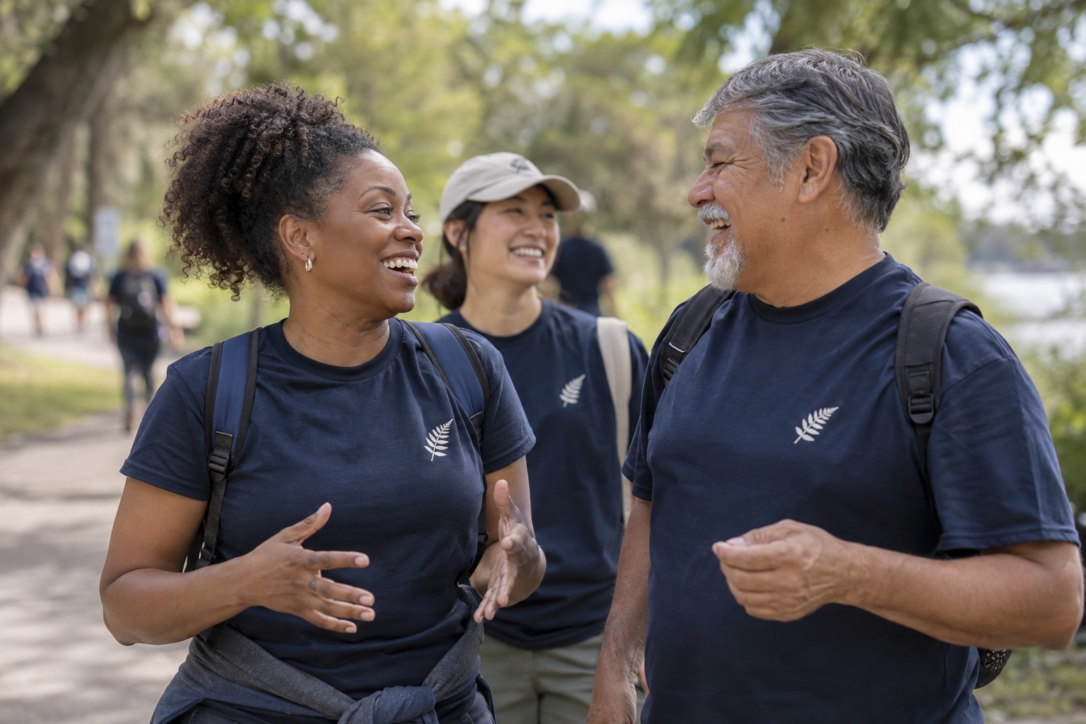 Cinematic artwork of three supporters laughing together in matching fundraiser shirts