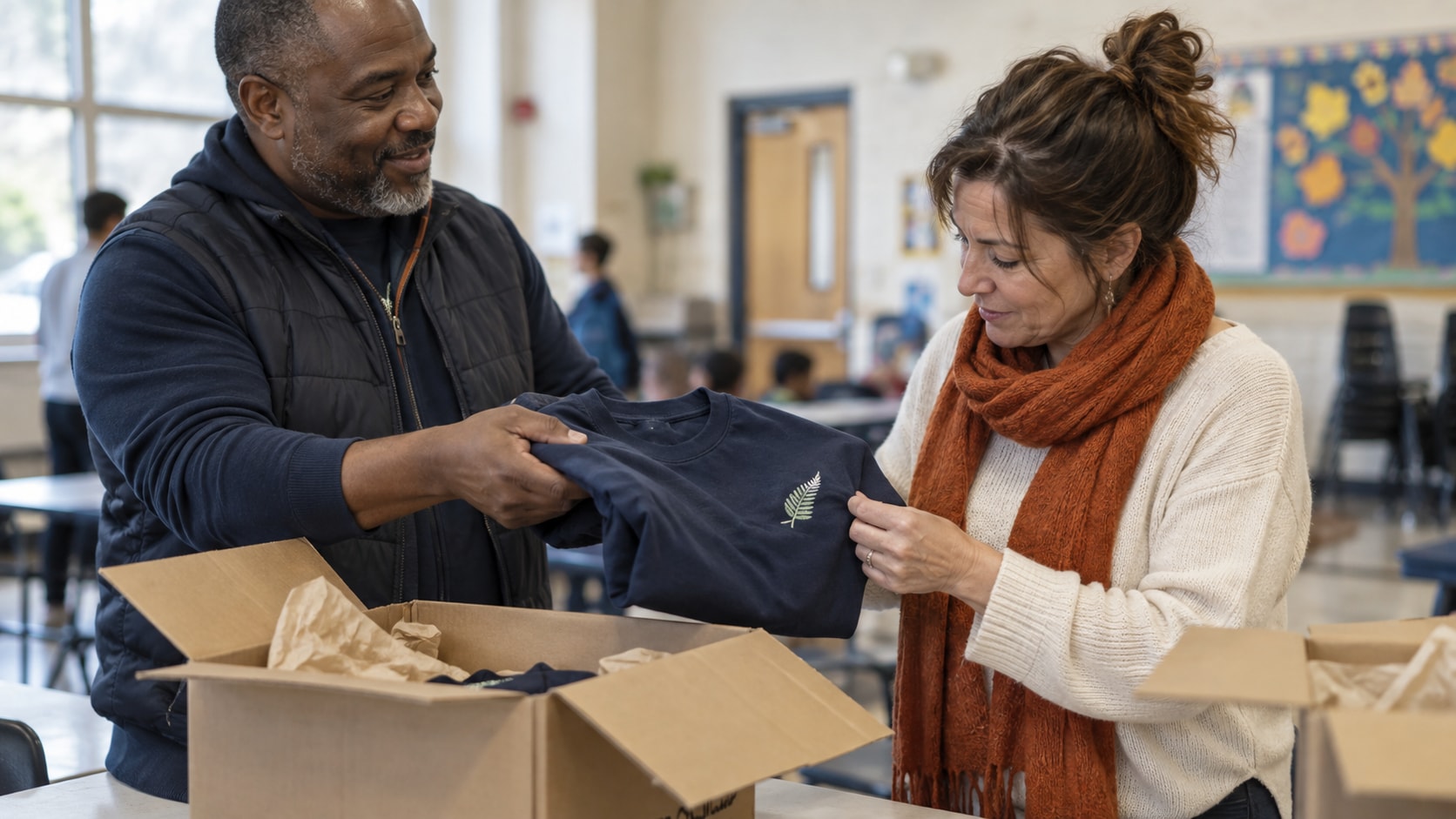 Cinematic artwork of two volunteers handing out team apparel from a box at pickup