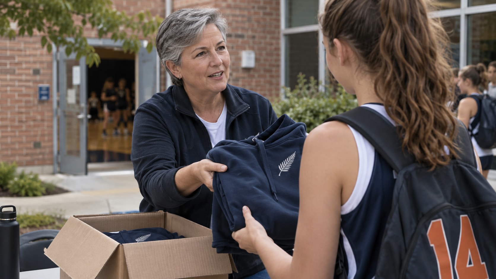 Cinematic artwork of a parent volunteer handing a team hoodie to a teenage athlete at pickup