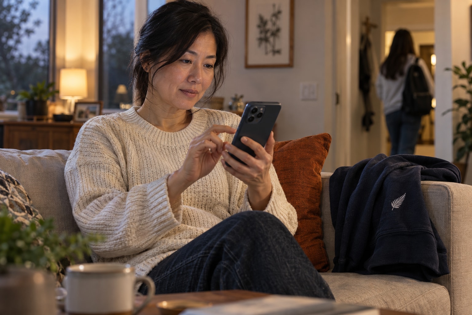Cinematic artwork of a parent placing an order on a phone at home, a team hoodie on the couch beside her