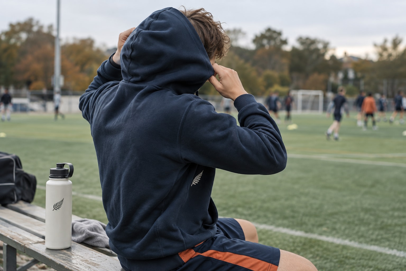 Cinematic artwork of a teenage athlete pulling on a team hoodie beside a practice field