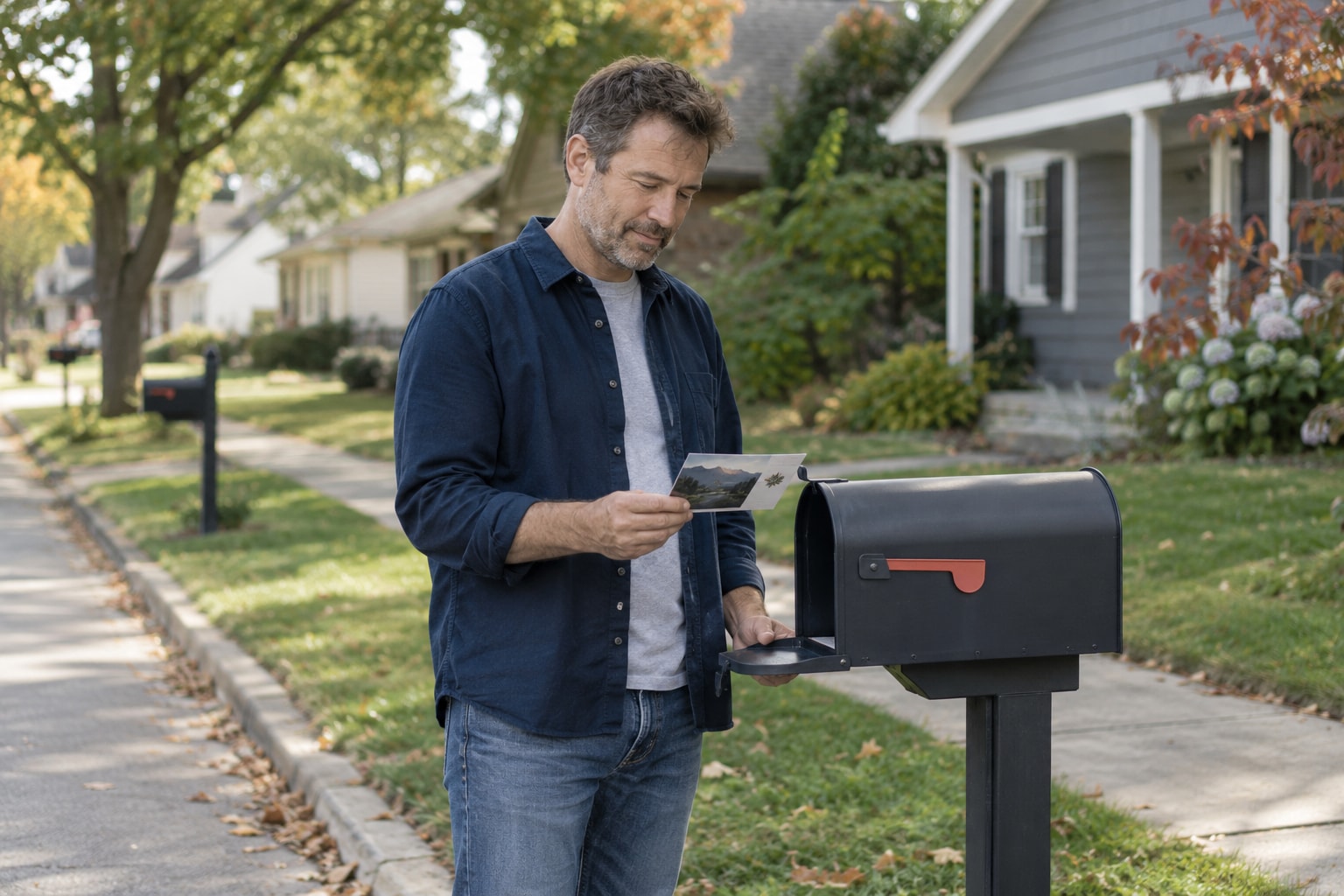 Cinematic artwork of a man reading a postcard at his mailbox, with the mailboxes and houses of his street behind him