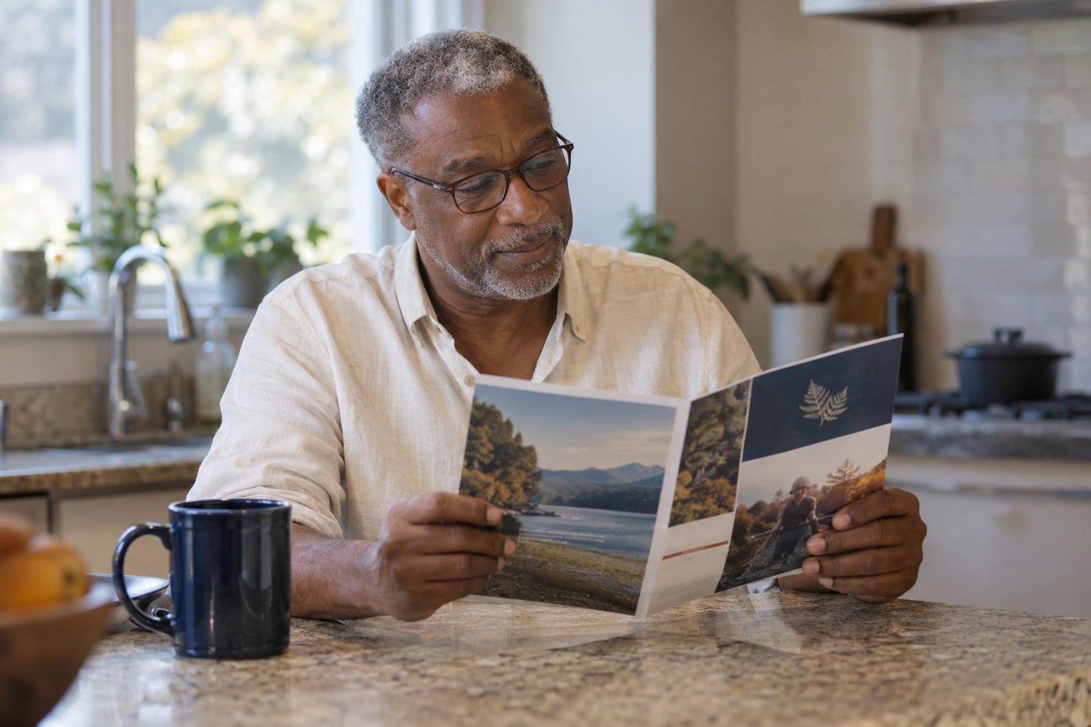 Cinematic artwork of a man at his kitchen counter reading a mailed newsletter beside a cup of coffee