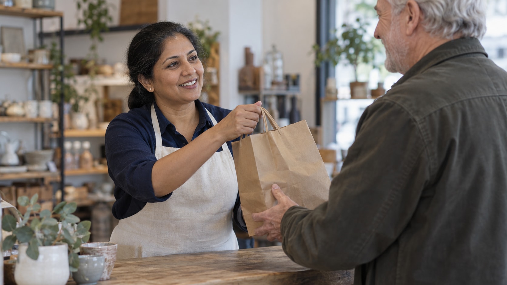 Cinematic artwork of a shop owner handing a customer a paper bag across her counter, getting on with her day