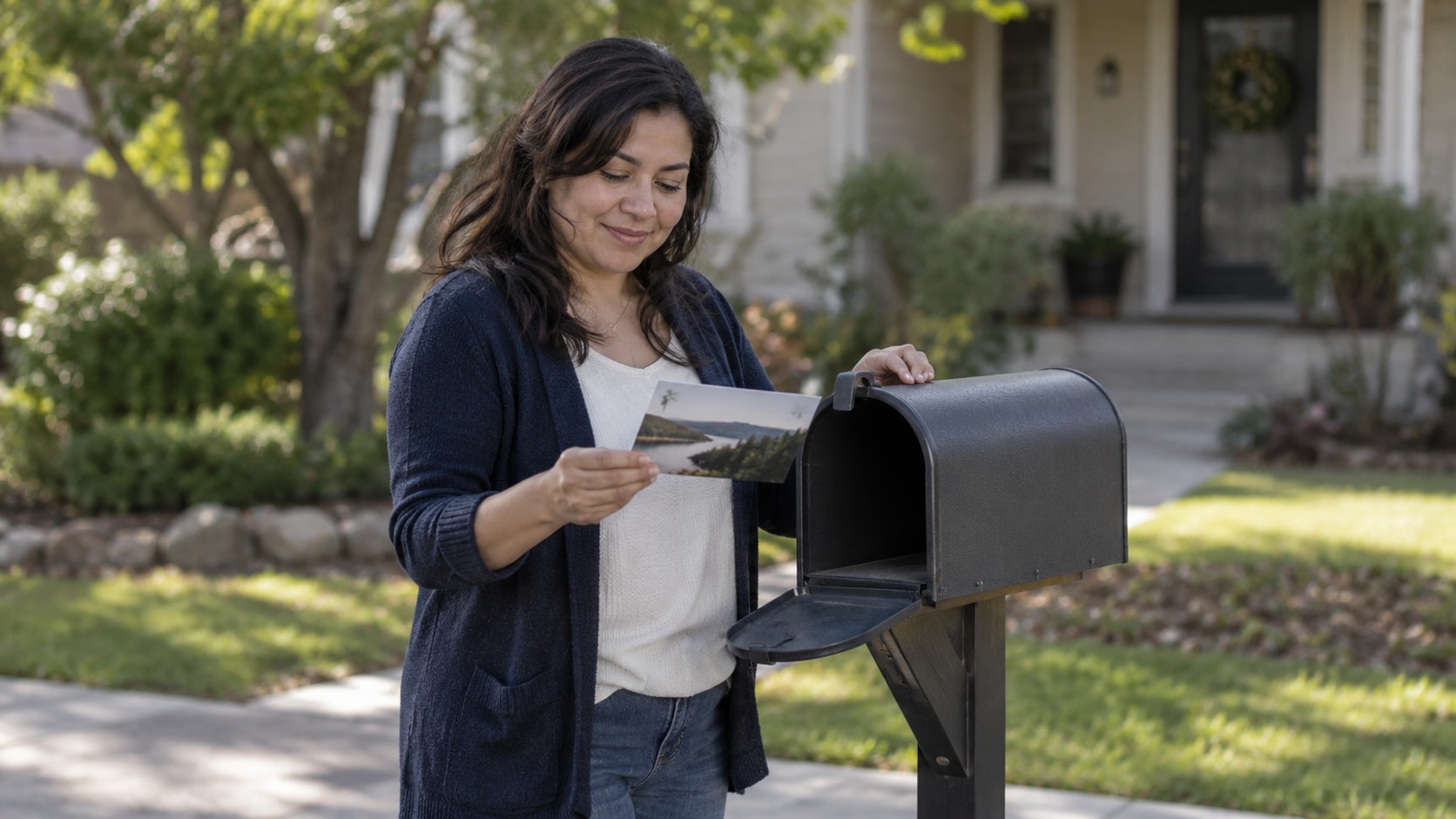 Cinematic artwork of a woman at her mailbox smiling at a postcard she has just pulled out
