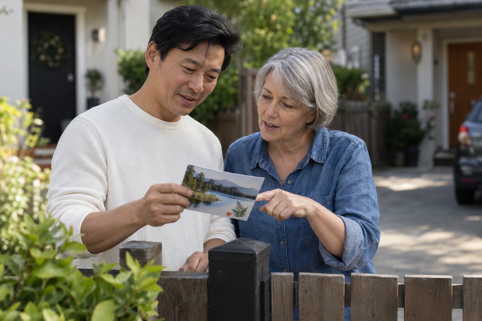 Cinematic artwork of two neighbors at a fence looking at a postcard one of them is holding