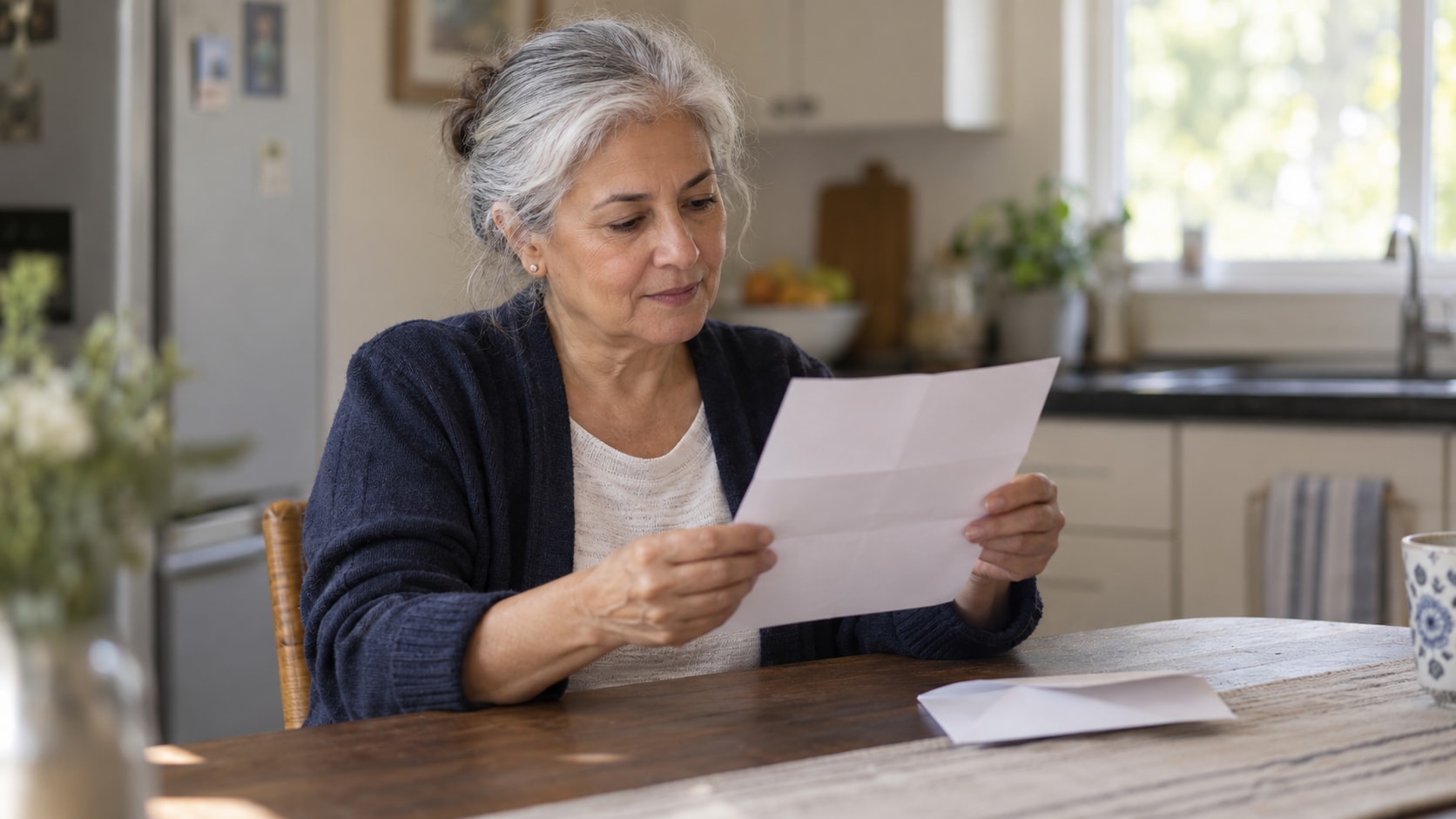 Cinematic artwork of a woman at her kitchen table calmly reading a letter, its plain envelope beside her