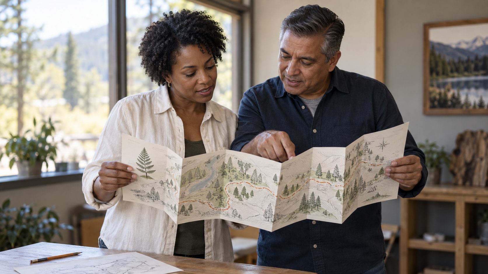 Cinematic artwork of two people unfolding a long accordion-fold trail map together, a sketch of it on the table beside them