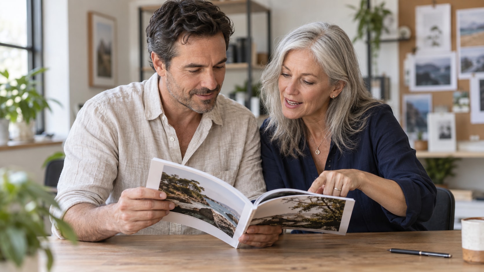 Cinematic artwork of a business owner and a colleague looking through an open printed booklet together