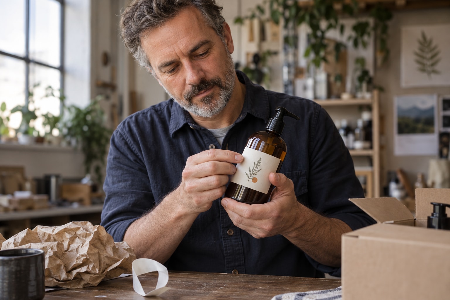 Cinematic artwork of a maker pressing a printed label onto an amber pump bottle