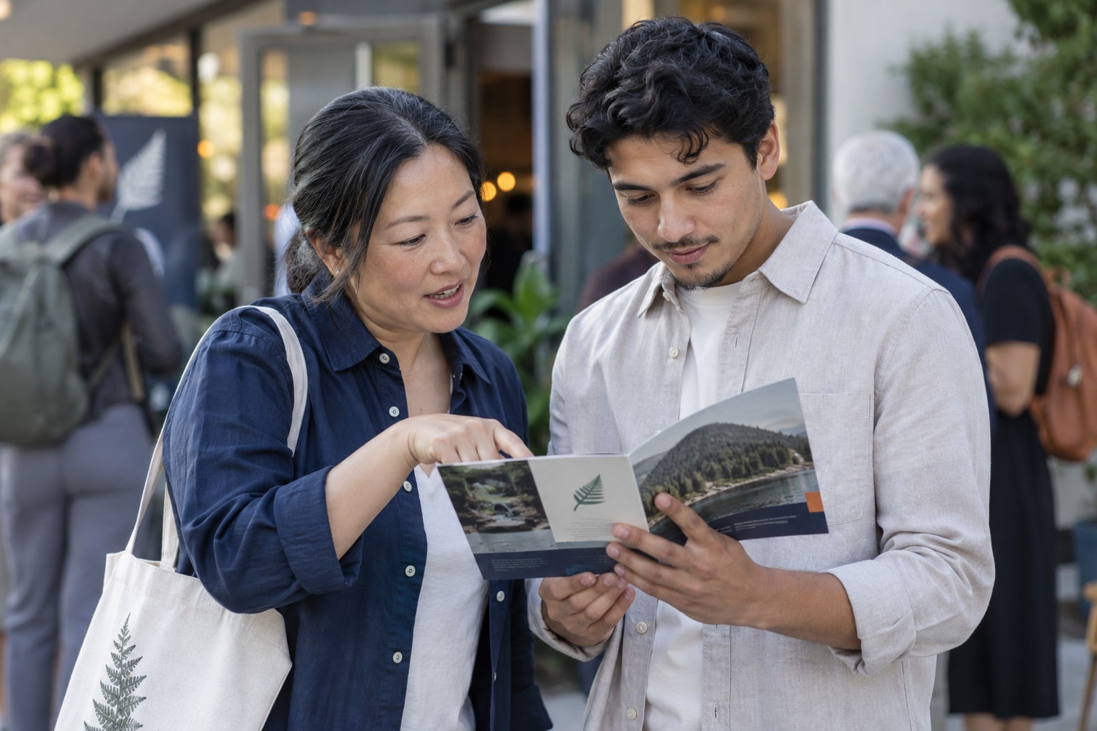 Cinematic artwork of two people at a community event looking through a printed brochure together