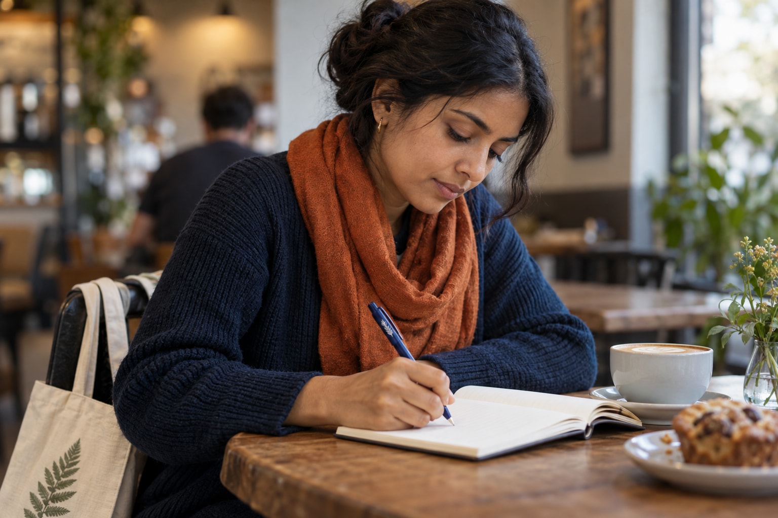 Cinematic artwork of a woman writing a note with a promotional pen at a coffee shop, a tote bag on the chair beside her