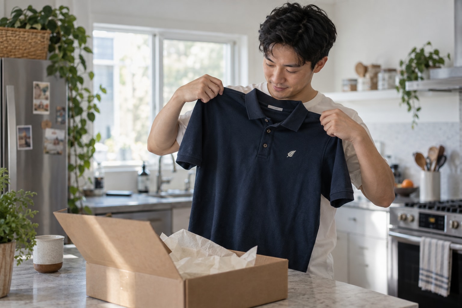 Cinematic artwork of an employee at home holding up a newly delivered polo to check the fit