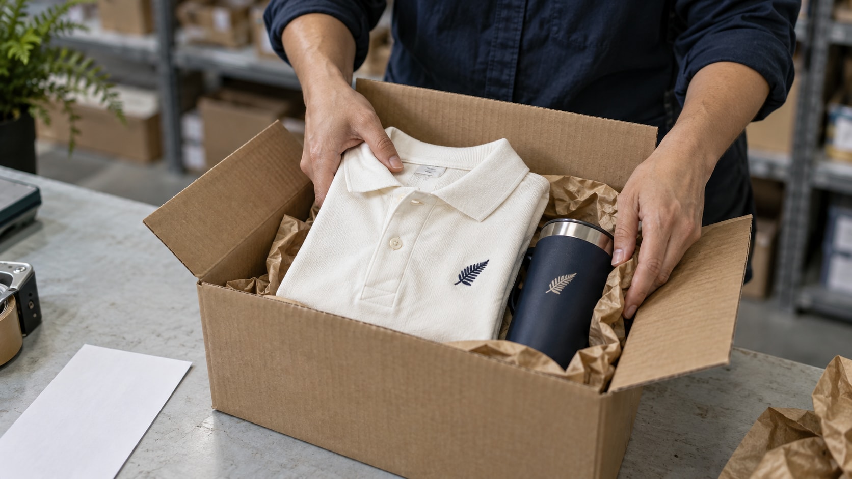 Cinematic artwork of hands packing a polo and a tumbler into a shipping box