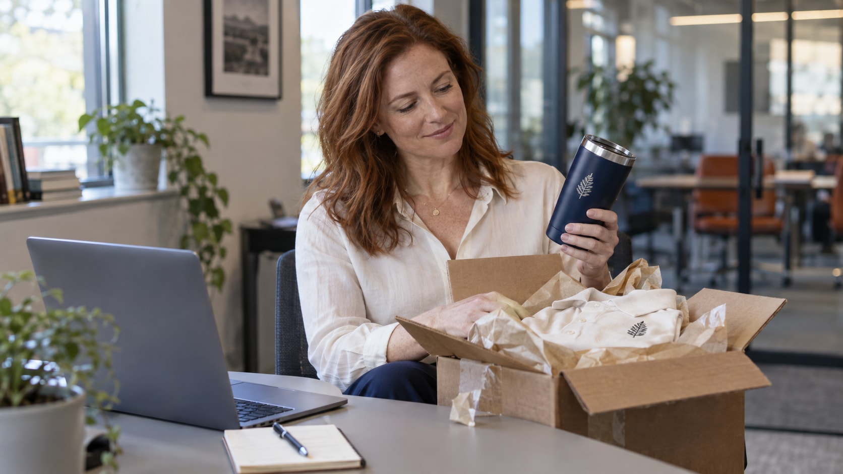 Cinematic artwork of an office employee lifting a tumbler out of a box delivered from a company store