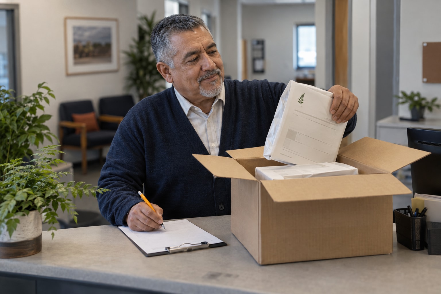 Cinematic artwork of an employee at a branch office unpacking a delivery of printed forms
