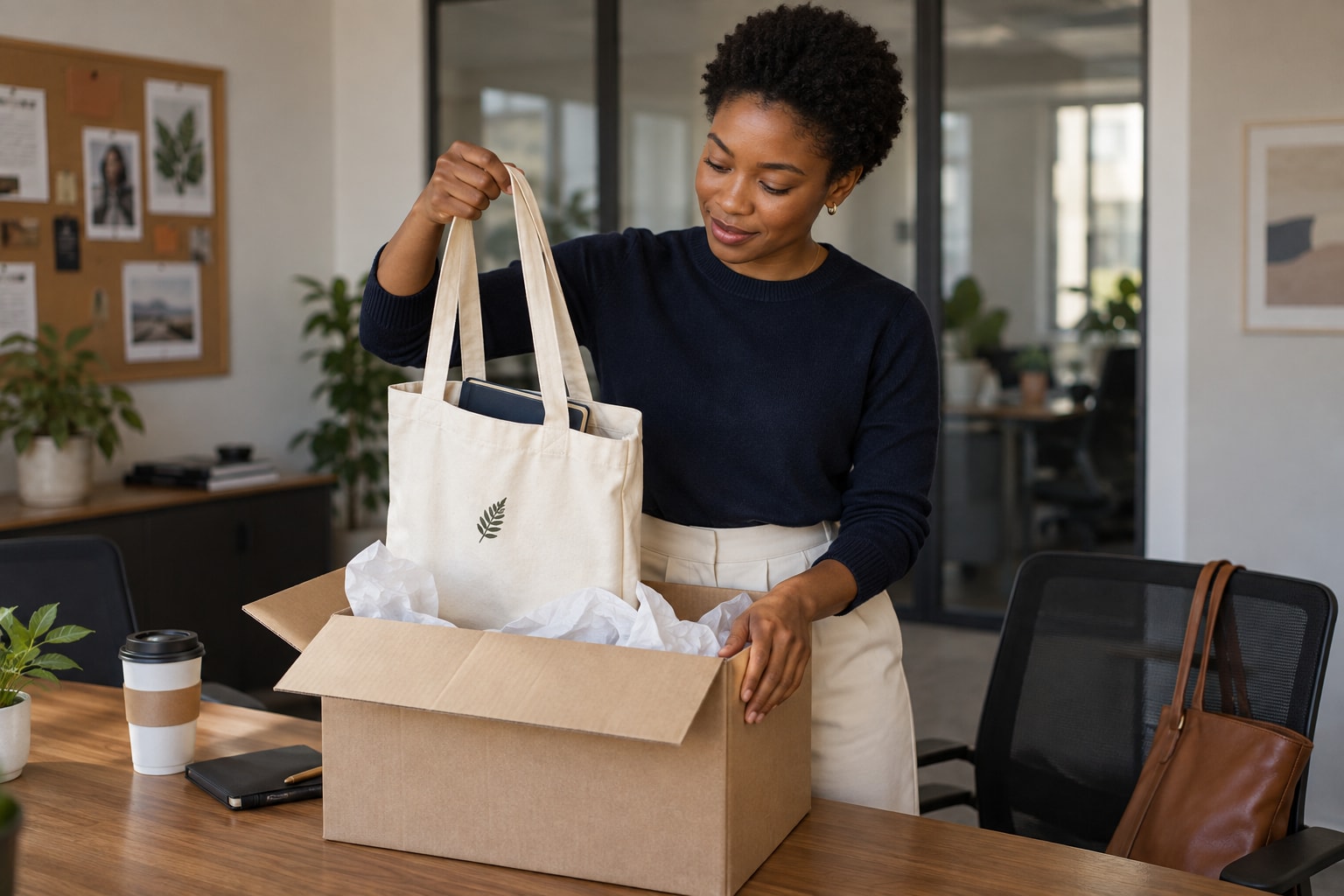 Cinematic artwork of a marketing coordinator lifting an event tote out of a delivered order