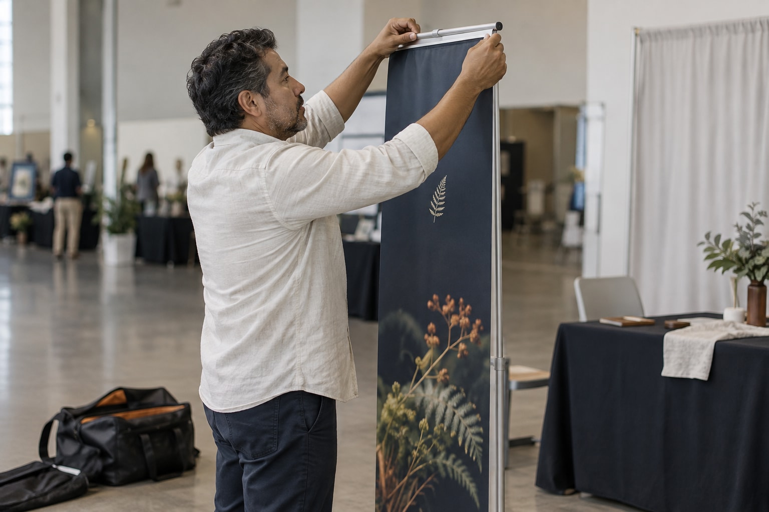 Cinematic artwork of an exhibitor raising a retractable banner before the show opens