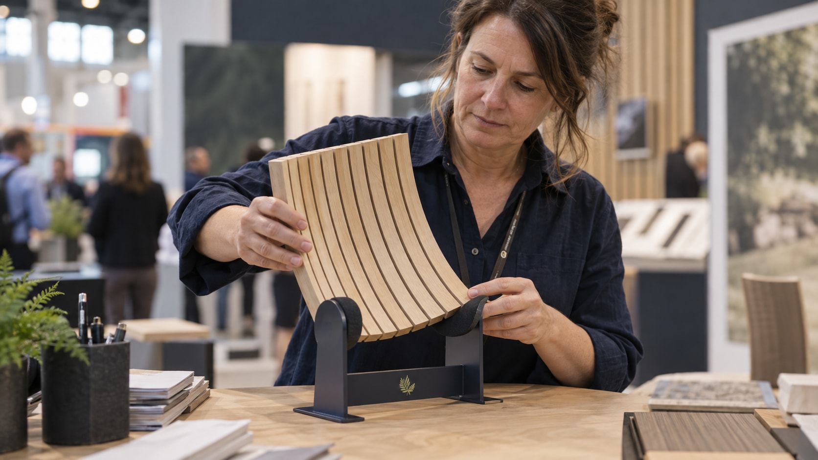 Cinematic artwork of an exhibitor setting a curved product sample into a stand made to fit it