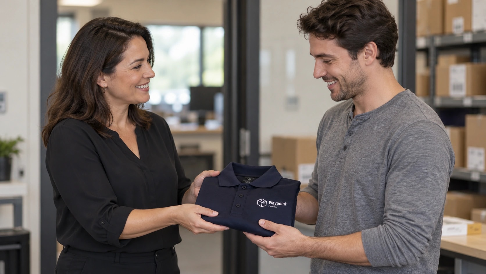 Illustrative scene of a new employee receiving a navy uniform polo with sample Waypoint Parcel embroidery