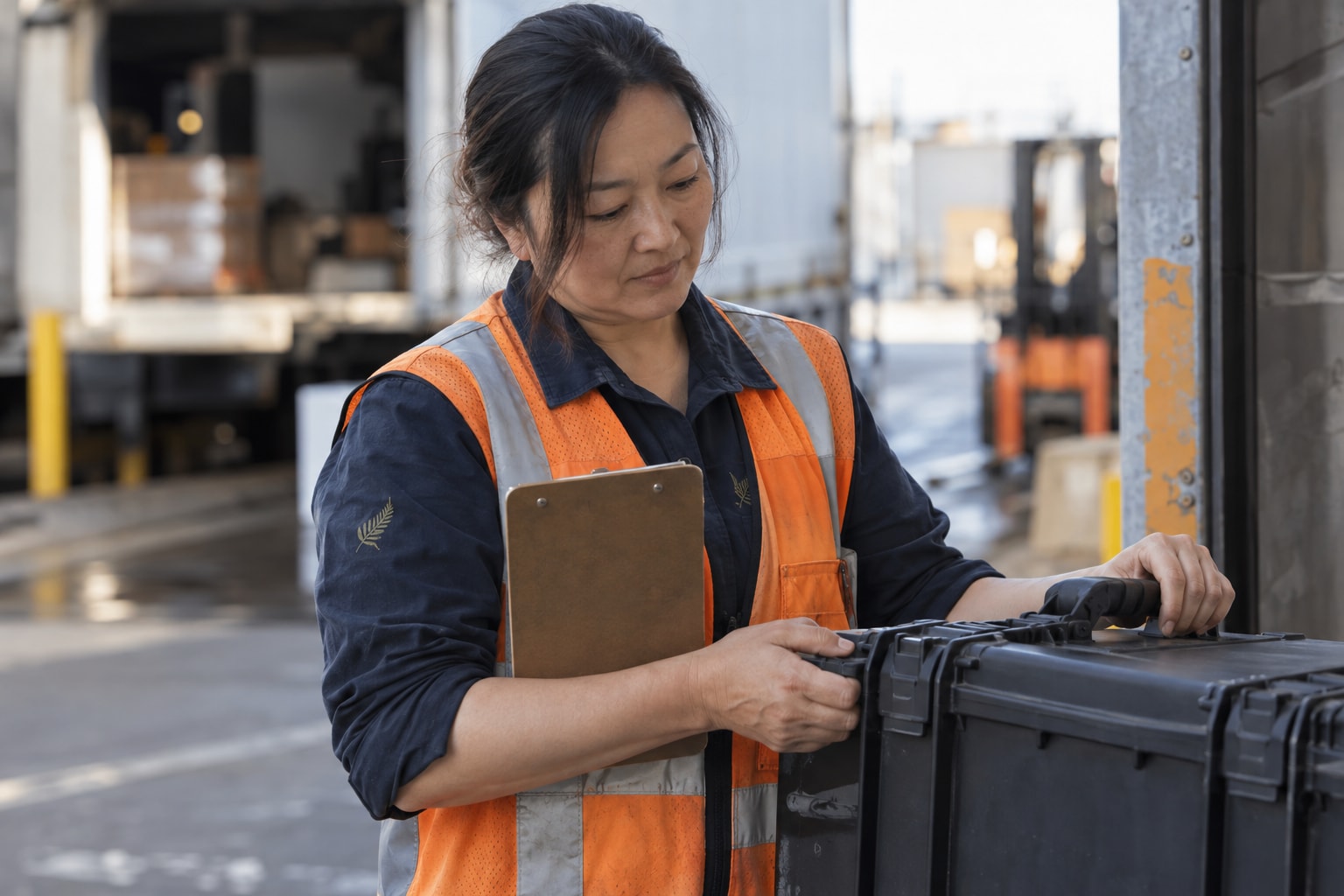 Cinematic artwork of a worker in embroidered workwear and a reflective vest closing an equipment case at a loading dock
