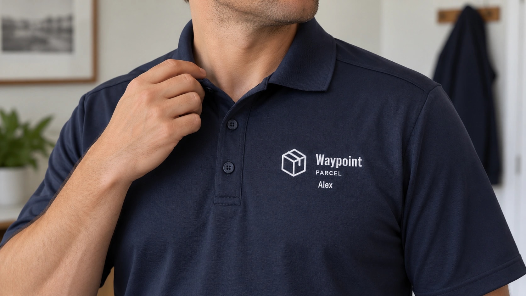 Illustrative close-up of a navy uniform polo embroidered with sample Waypoint Parcel branding and the name Alex