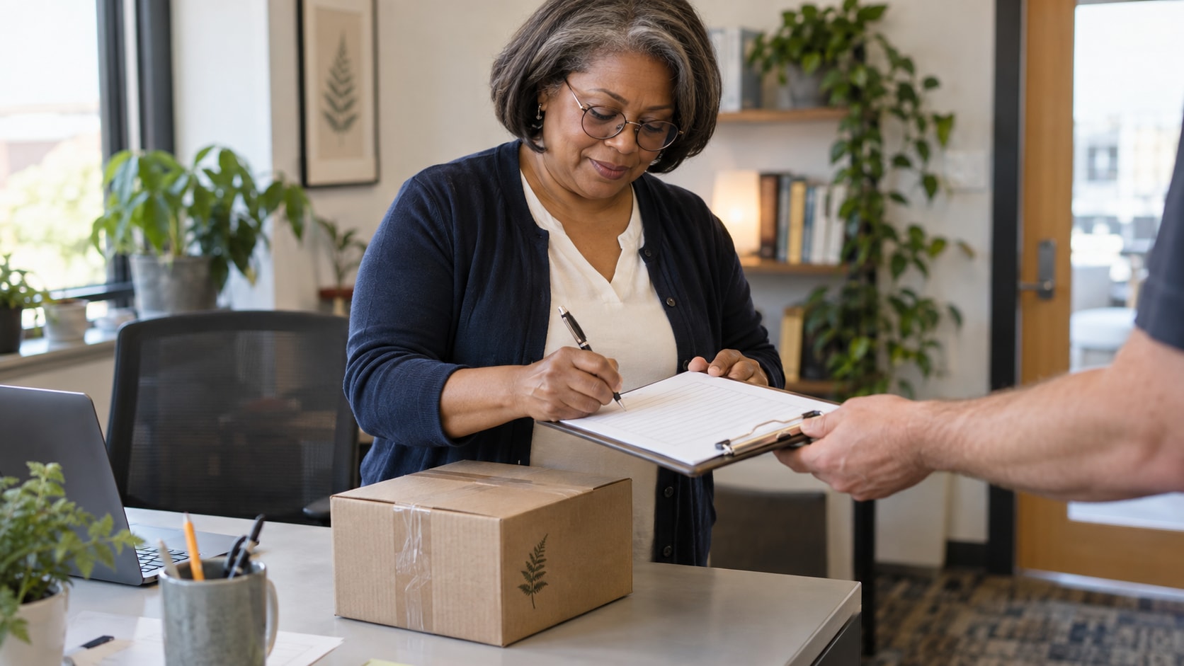Cinematic artwork of an office worker signing for a single delivery at her desk