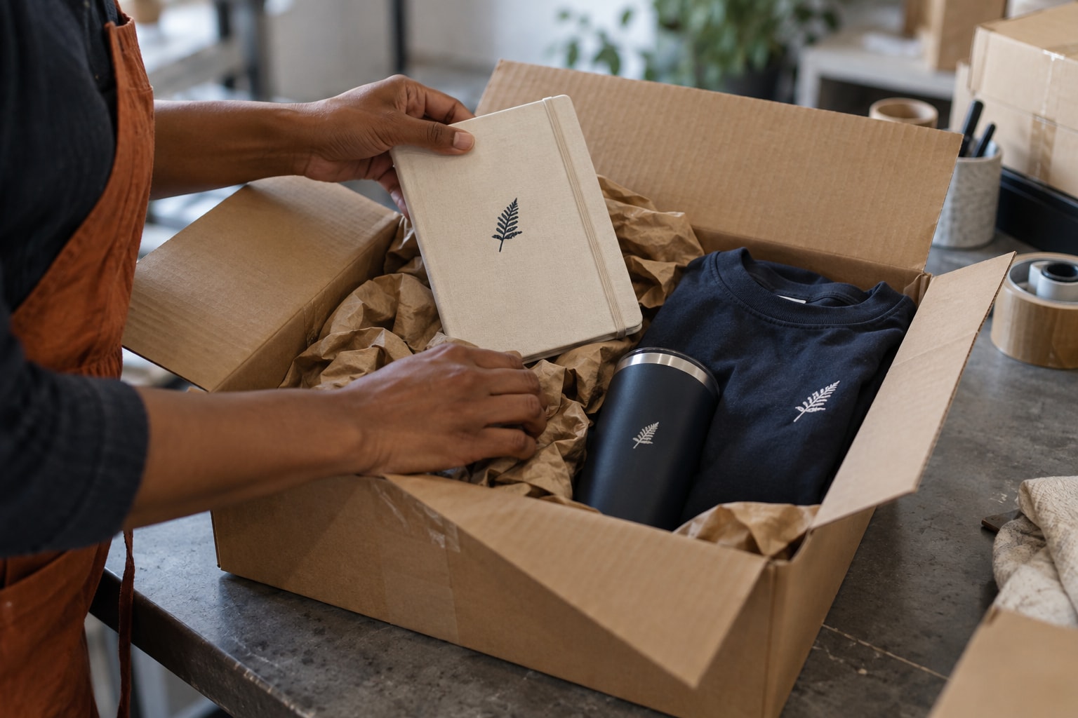 Cinematic artwork of hands packing a notebook, a tumbler, and a sweatshirt into a box as one kit