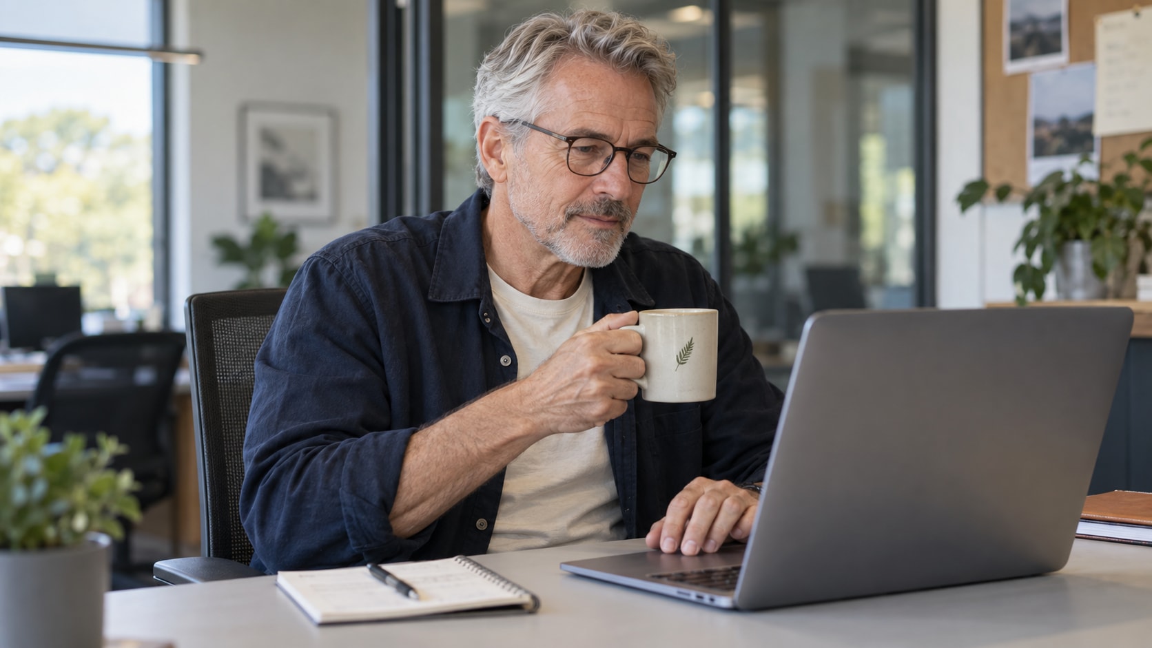 Cinematic artwork of a marketing manager with a coffee, checking his laptop on a relaxed workday
