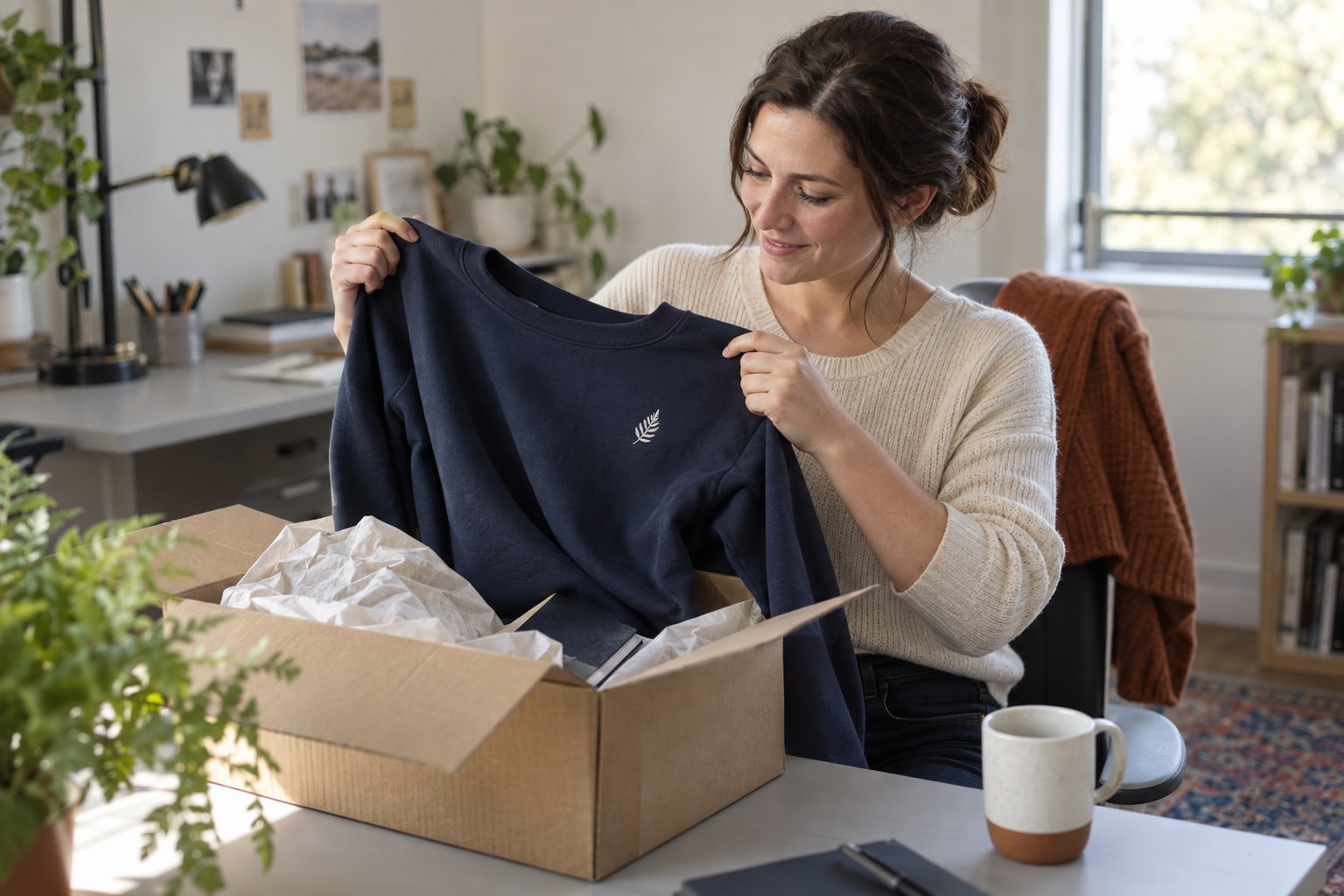 Cinematic artwork of a woman lifting a sweatshirt out of a kit delivered to her desk