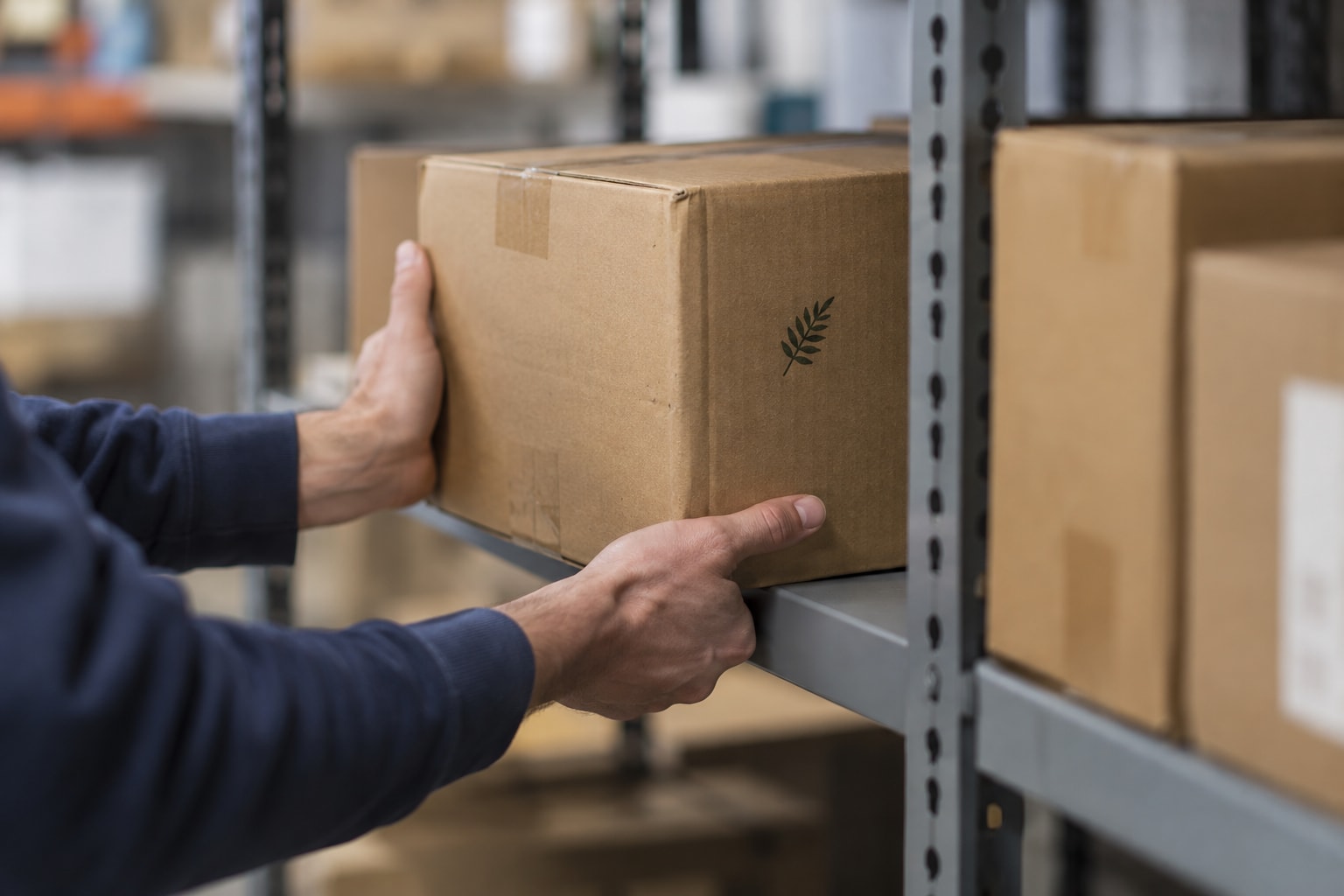 Cinematic artwork of hands sliding a carton onto a storage shelf