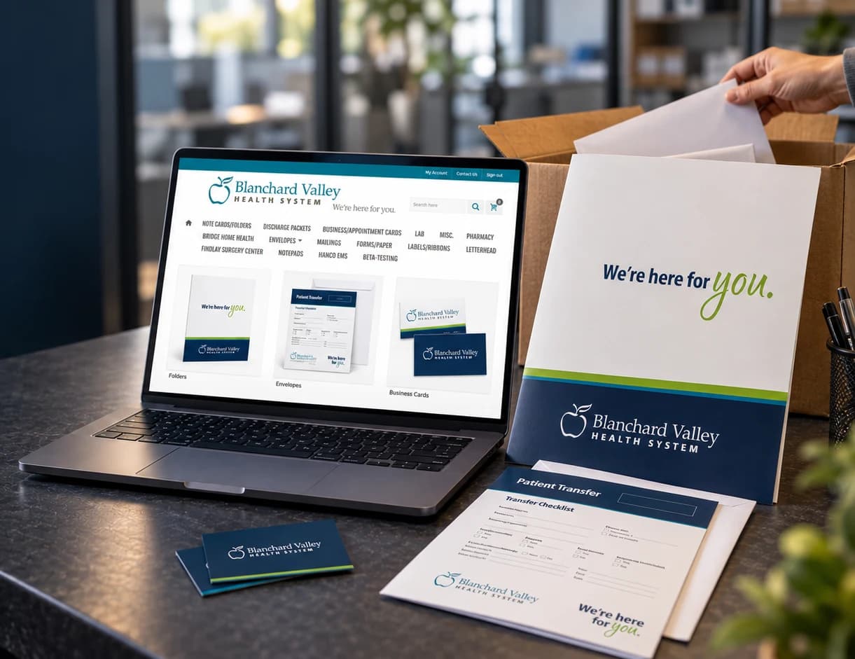 Cinematic artwork of a laptop showing the Blanchard Valley Health System print store beside a presentation folder, a patient transfer envelope, and business cards