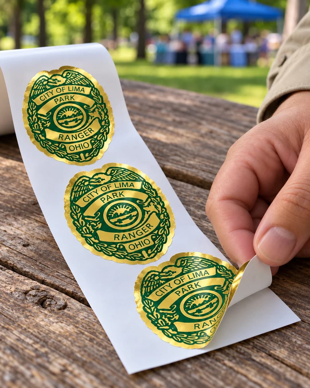 Cinematic artwork based on the original sticker proof, showing City of Lima park ranger badges printed in green on shiny gold-foil label stock and peeled from a white release liner.