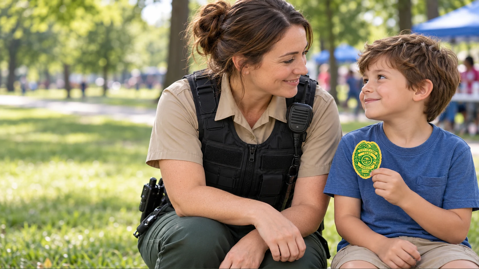 Cinematic artwork based on the original City of Lima park ranger sticker proof. An illustrative ranger and child share a friendly moment at a park event, with the child holding a small gold and green badge sticker.