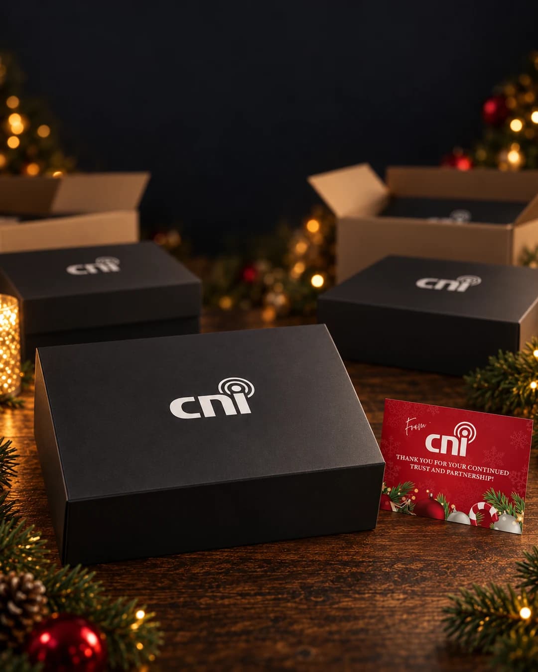 Cinematic artwork of black CNI gift boxes beside open shipping cartons, with the back of the red card thanking clients for their continued trust and partnership