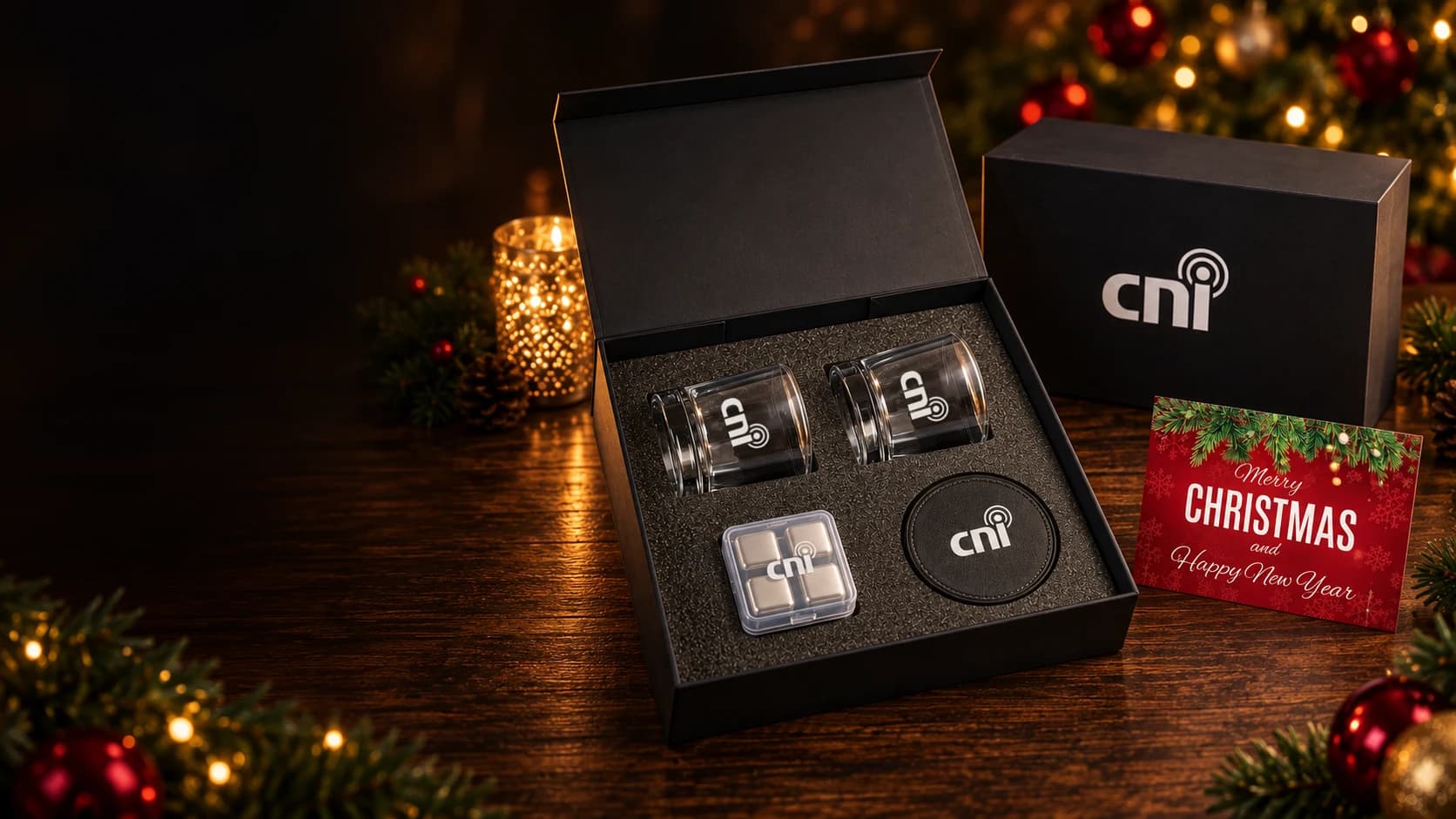 Cinematic artwork based on CNI's original product proof: the black whiskey gift set open on a wooden table, with two logo glasses, the ice cube case, a coaster, the logo gift box, and a red Christmas card
