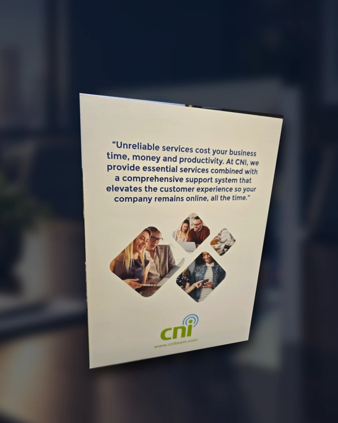 Cinematic artwork incorporating the actual customer-supplied photo of the back of the CNI presentation folder, with its printed telecom message and CNI logo