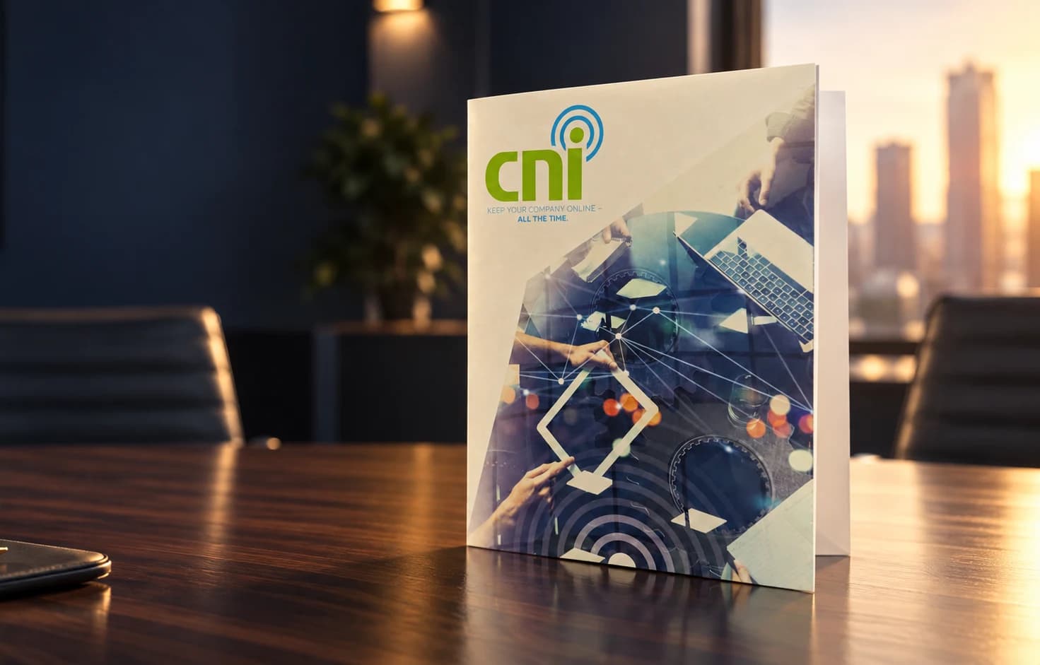 Cinematic artwork based on photos of the actual CNI 9 x 12 presentation folder on a walnut meeting table