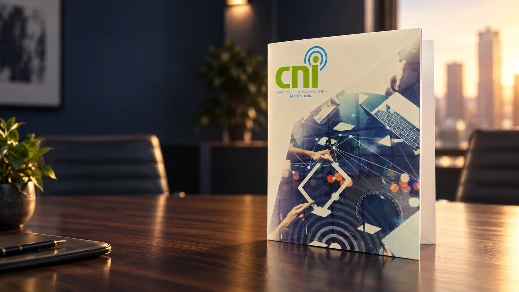Cinematic artwork based on photos of the actual CNI 9 x 12 presentation folder on a walnut meeting table