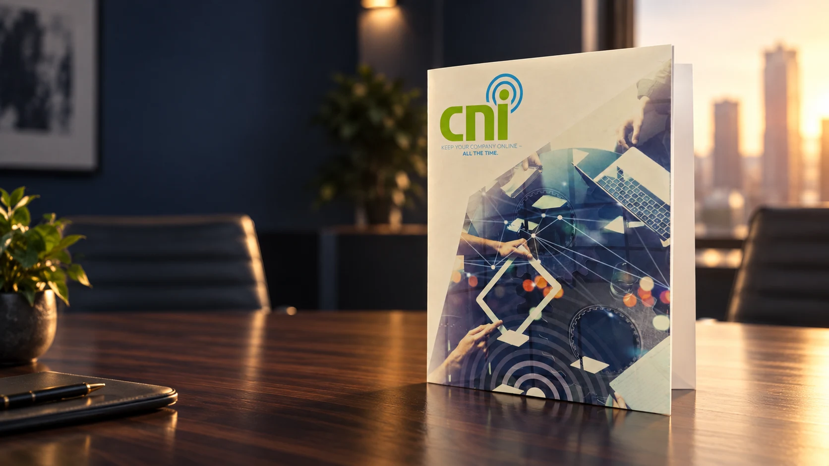 Cinematic artwork based on photos of the actual CNI 9 x 12 presentation folder on a walnut meeting table