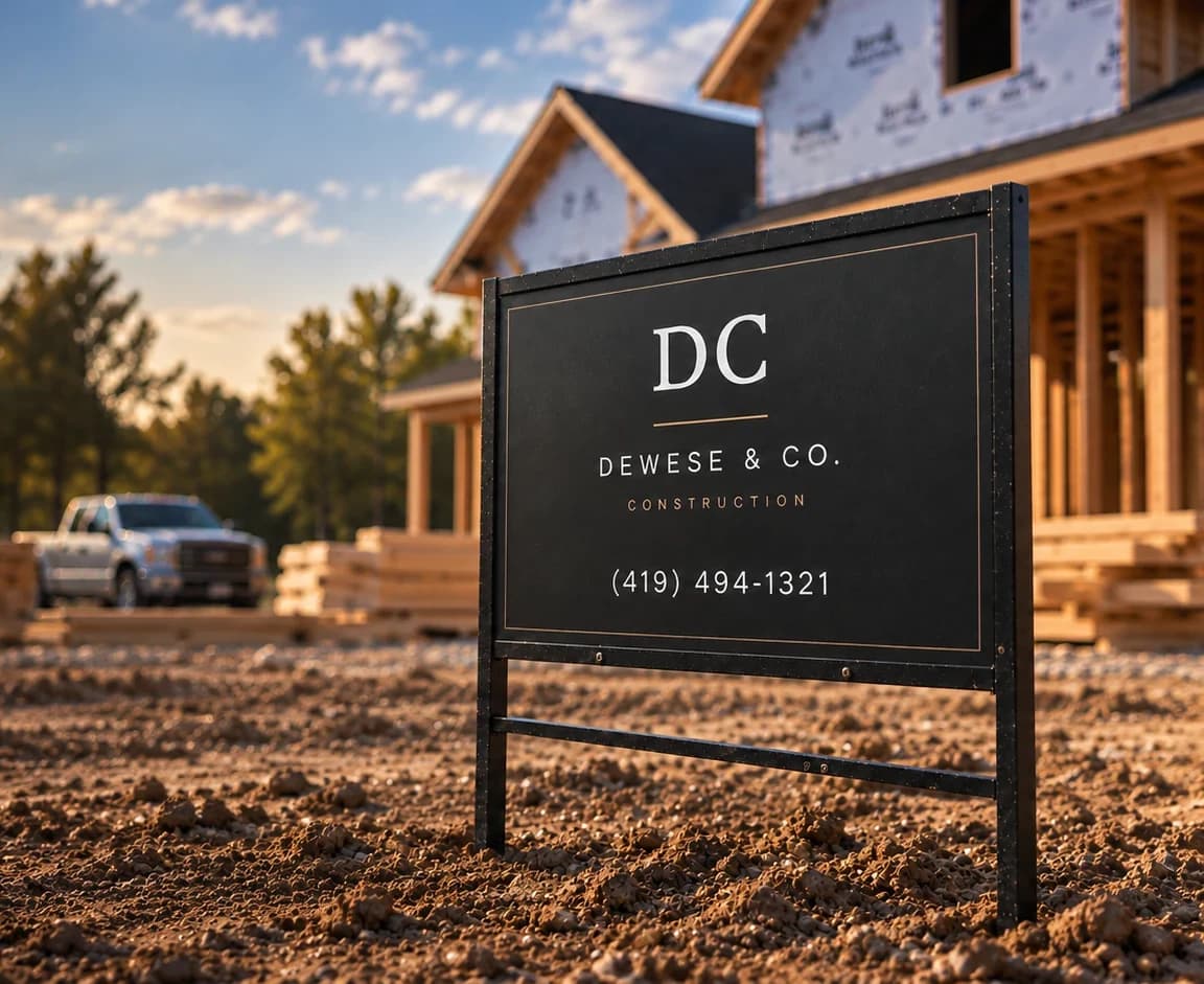 Cinematic artwork of a black double-sided sign in a steel frame at a house construction site in warm evening light, reading DC, Dewese & Co. Construction
