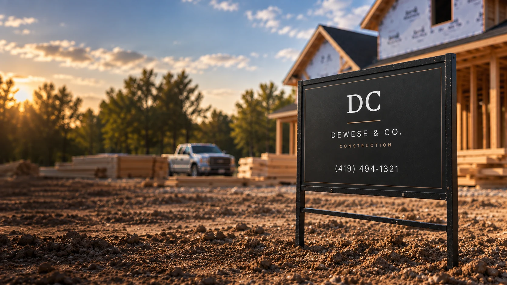 Cinematic artwork of a black double-sided sign in a steel frame at a house construction site in warm evening light, reading DC, Dewese & Co. Construction
