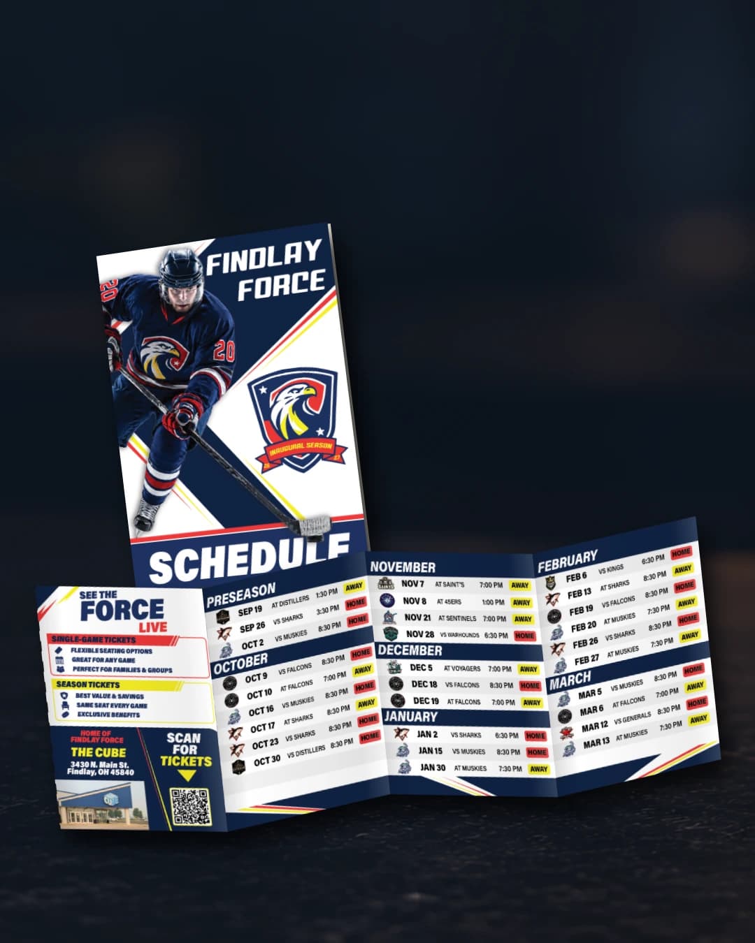 The Findlay Force pocket schedule shown as a folded cover and opened flat to its four panels of game dates
