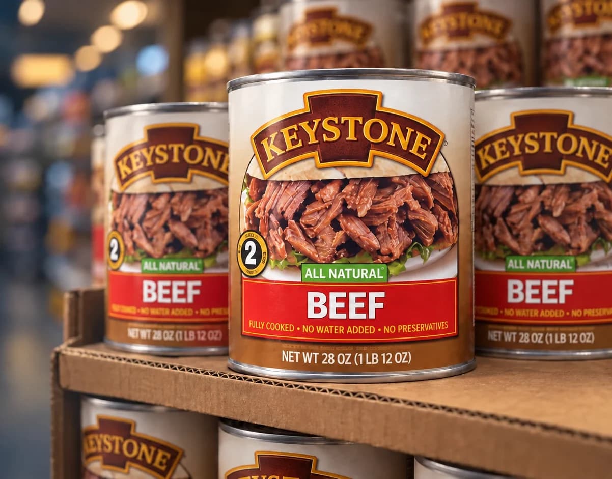 Cinematic artwork based on a customer photograph: Keystone All Natural Beef cans on a store display, the labels in sharp focus