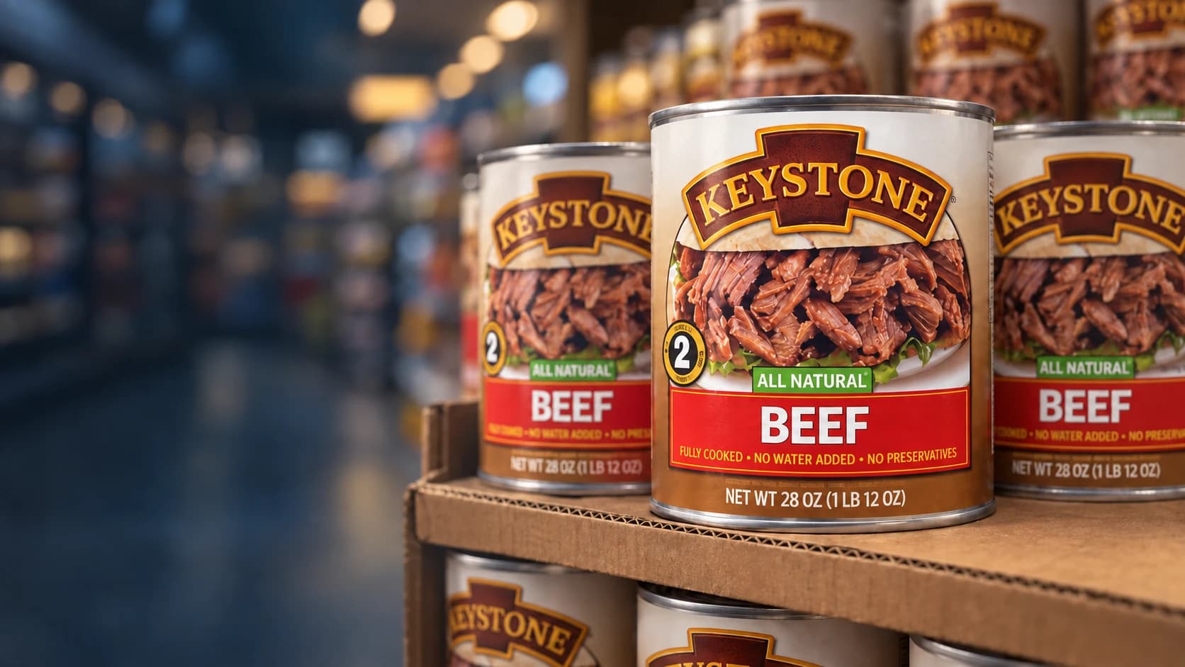 Cinematic artwork based on a customer photograph: Keystone Meats canned beef on a store display, the labels in sharp focus