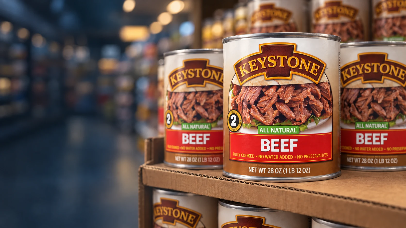 Cinematic artwork based on a customer photograph: Keystone All Natural Beef cans on a store display, the labels in sharp focus