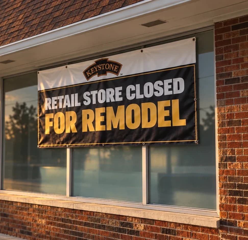 Cinematic artwork of the Keystone Meats storefront at golden hour, with a black and gold vinyl banner on the front window reading Retail Store Closed for Remodel