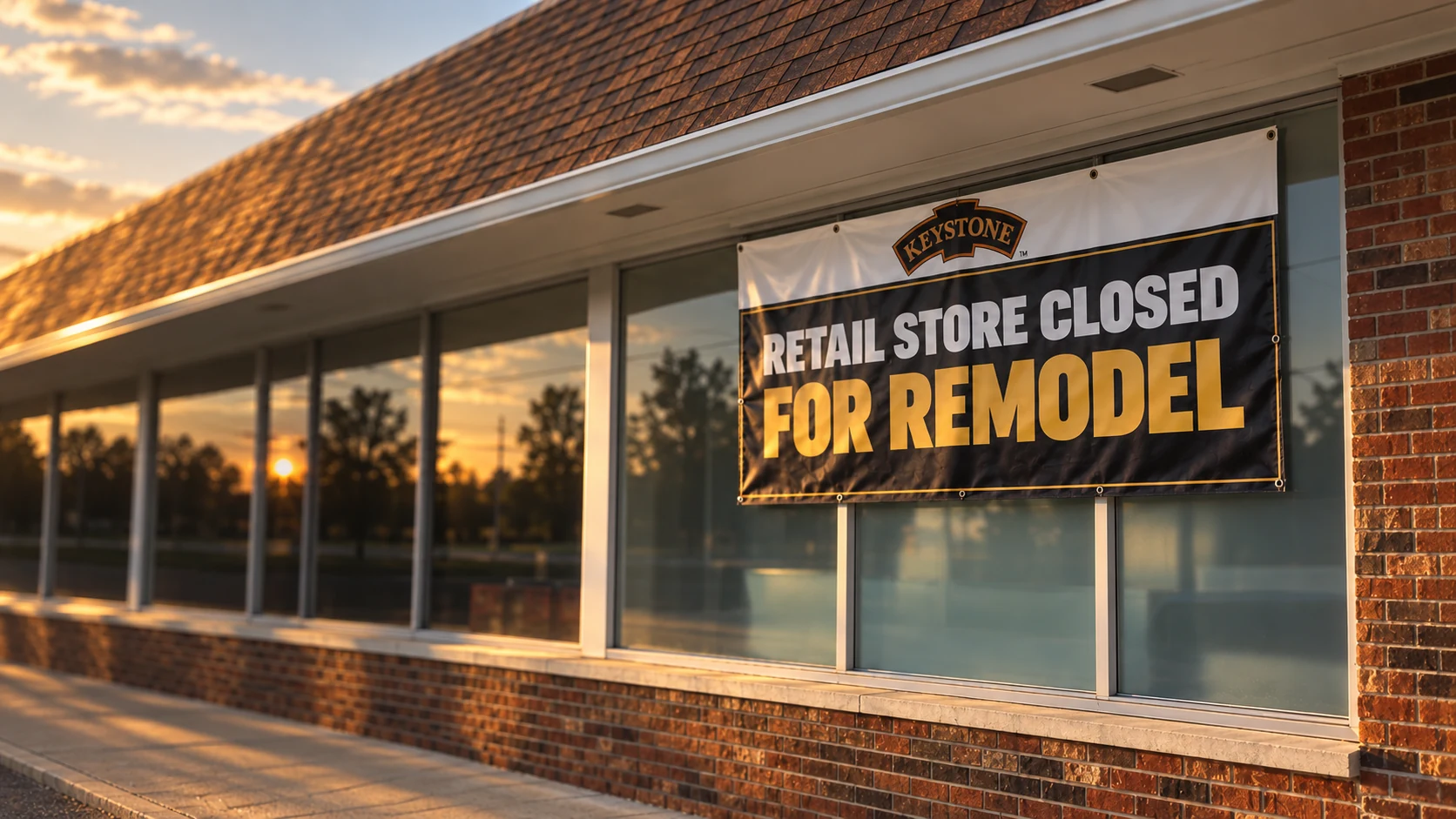 Cinematic artwork of the Keystone Meats storefront at golden hour, with a black and gold vinyl banner on the front window reading Retail Store Closed for Remodel