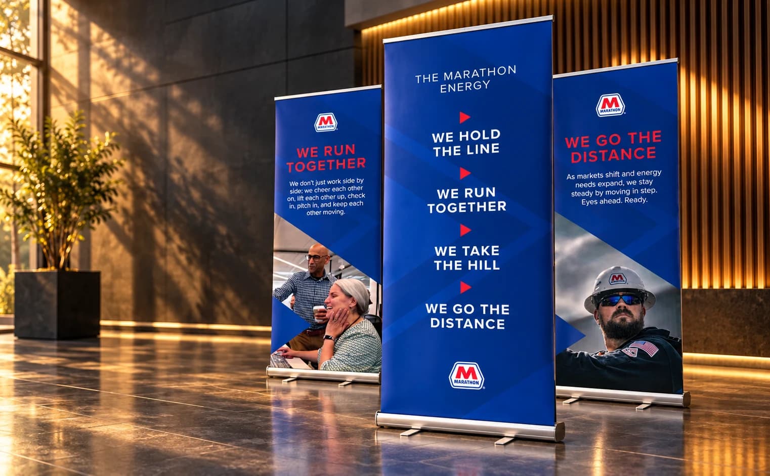 Cinematic product visualization of three silver retractable banner stands carrying blue Marathon designs in a sunlit corporate foyer. An illustrative setting, not a photograph of the event.